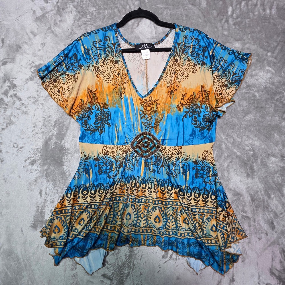 Midnight Velvet Blue Orange Paisley Beaded Handkerchief Hem Tunic Top XL